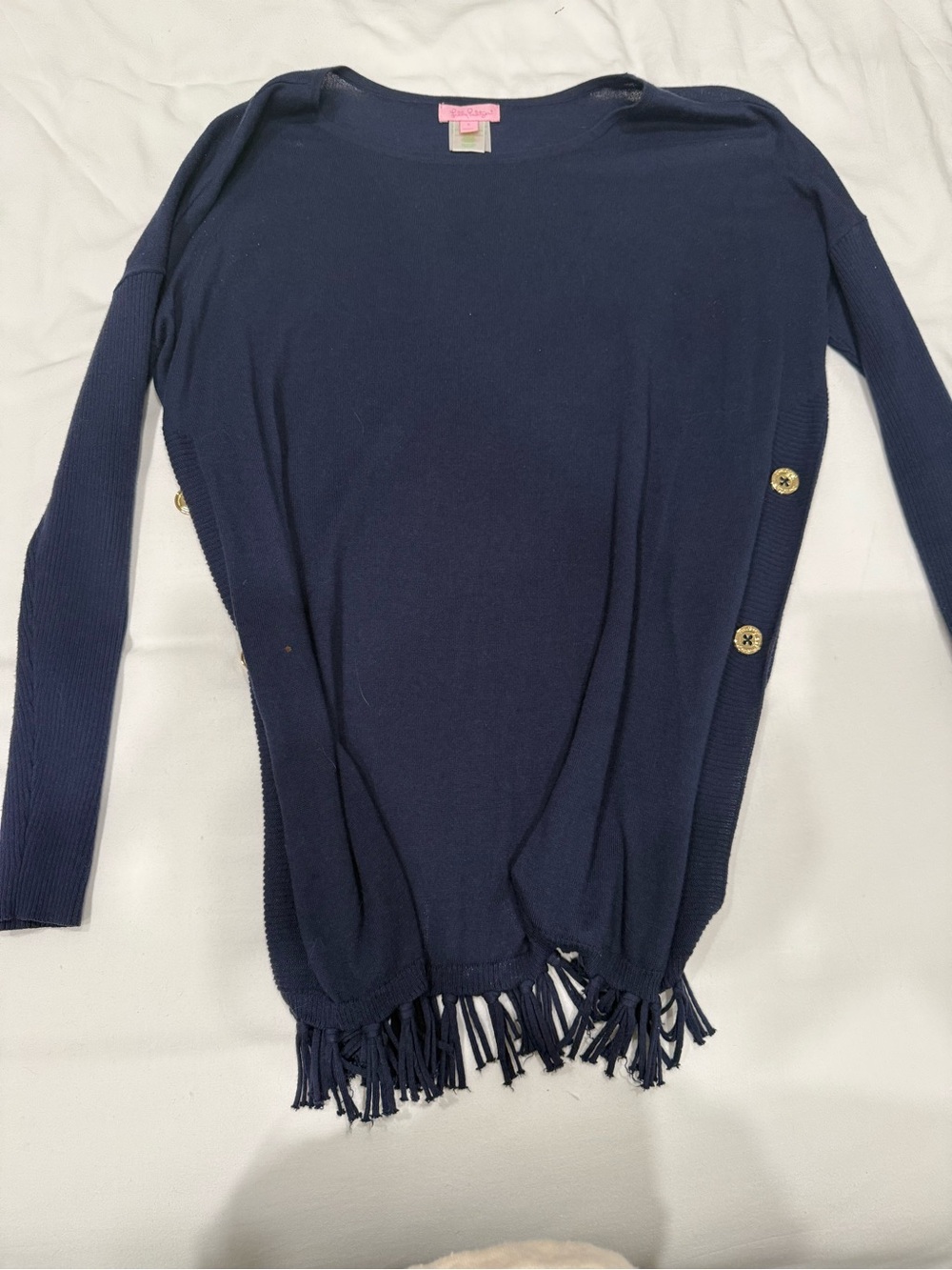 Lilly Pulitzer Navy Fringe-Hem Sweater with Side Buttons